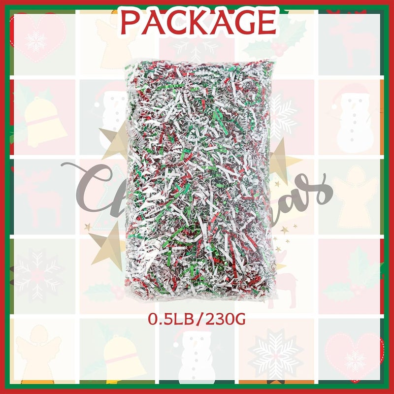 Gloreyan 1/2LB Christmas Crinkle Cut Paper Shred, Metallic Red Green White Raffia Paper Shred Filler Grass for Christmas Easter Grass Gift Wrapping Basket Filling Birthdays Weddings Party Supply - Image 2